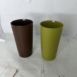 Lot Of 2 Vintage Tupperware #873 12 Oz. Green & Brown Tumblers Autumn Cups